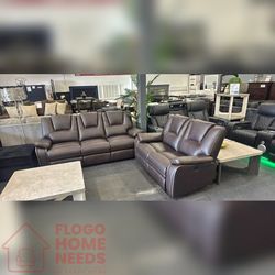 2 Pieces Dark Brown Breathable Leather power recliner sofa set 