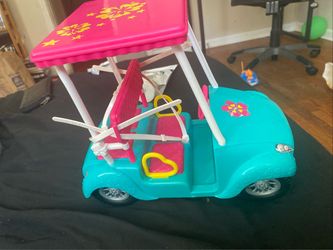 Mattel Barbie Tropical Golf Cart Car Teal Pink Hibiscus Flower Vehicle 2011