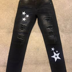 Black Skinny Jeans w/ Star Patches – Streetwear – Clean Condition