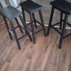 Set Of 3 Black Wooden Bar Stools 
