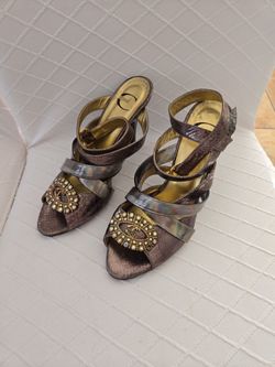 Elegant Just Cavalli Snakeskin Heels with Crystal Medallion – Size 38.5 (Made in Italy)