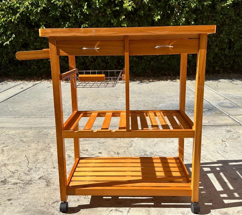 32" Wooden Bamboo Rolling Kitchen Cabinet Organizer Cart with 3 Bottle Wine Rack