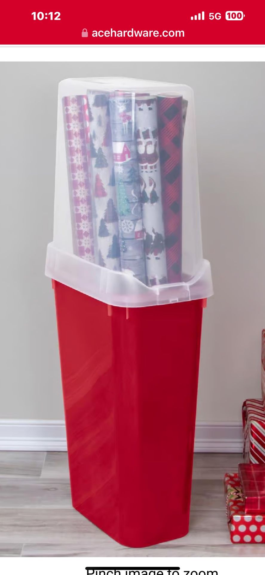 Sterilite 40 Inch Plastic Vertical Christmas Wrapping Paper Storage Container With Lid, Red