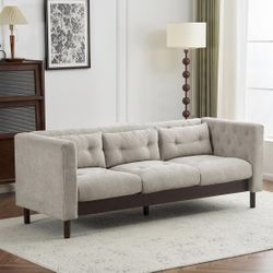 3 Seater Sofa Couch, Upholstered Tufted Back Linen-Like Sofa, Rubberwood Legs, 78" W x 29.75" D x 29" H, Beige