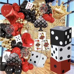 125 Pcs Casino Theme Balloon Arch Kit Casino Birthday Party Supplies Red Black Gold latex balloons Dice Crown Poker Foil Balloons for Poker Las Vegas 