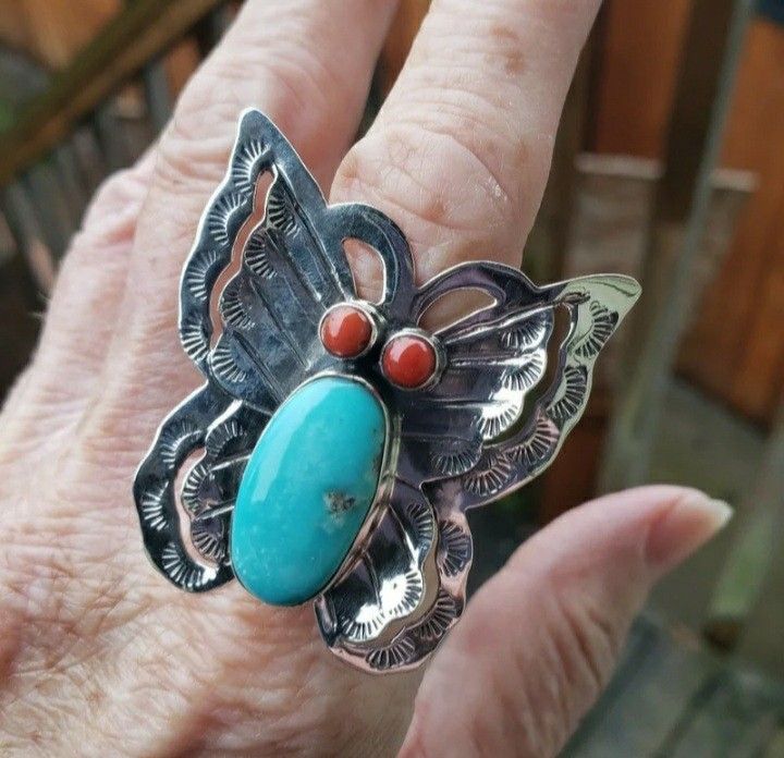 Sterling Silver Butterfly Turquoise Coral NEW Ring Sz 8.25