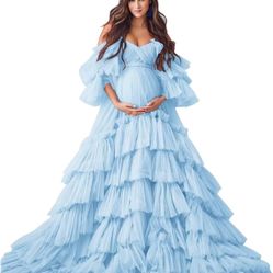 Tulle Maternity Dresses for Photoshoot Ruffles Puffy Maternity Robes Off Shoulder Long Baby Shower Pregnancy Dresses Sky Blue L/XL
