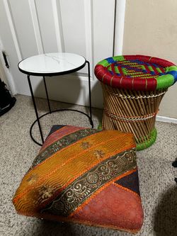 Boho Decor Set – Stool, Pouf, and Side Table (each $20. Set of 3 for $45)