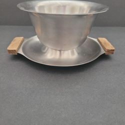 Stainless Steel MCM Gravy Boat with Attached Underplate with Wooden Handles