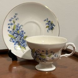 Royal Dover Tea Cup & Saucer Blue Flowers Made In England Bone China Vintage 