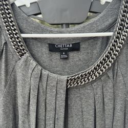 Chetta B Knit Shift Dress 3/4 Sleeve Chain Metal And Pleated Collar Size 6 Gray