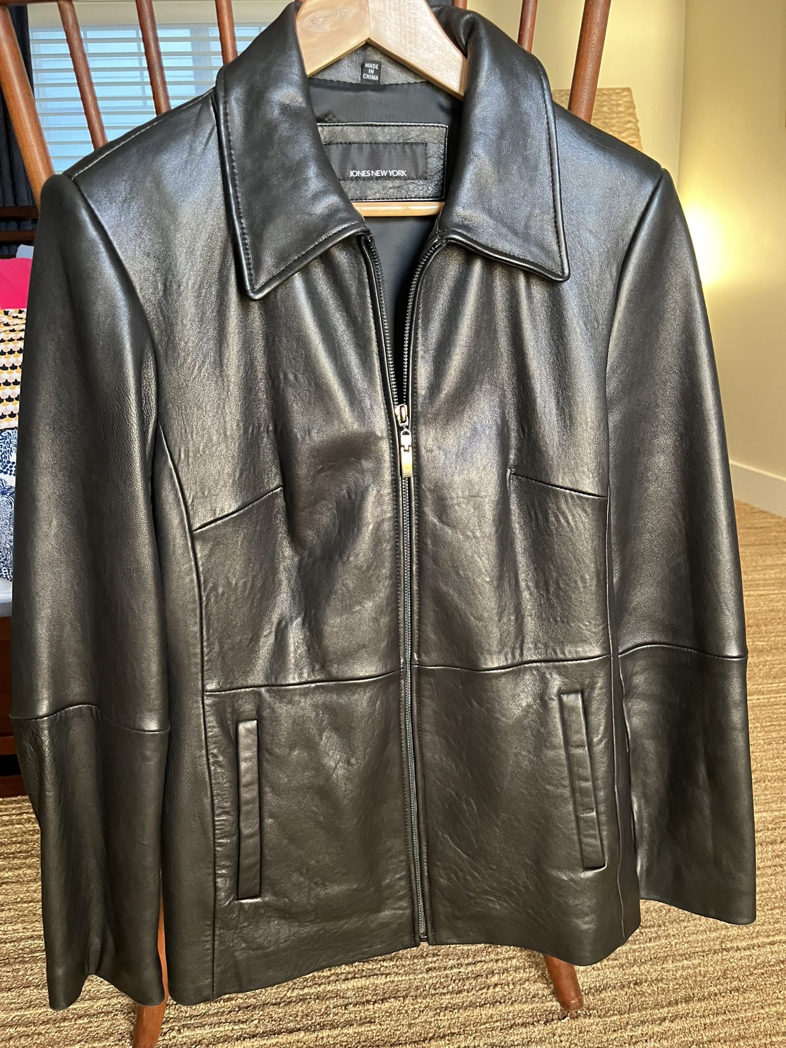 Women’s Black Leather Zip Jacket, Medium