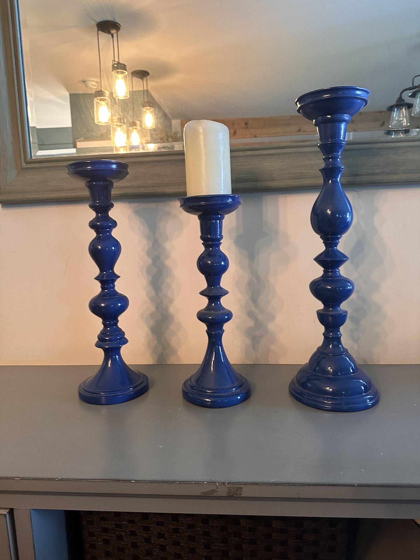 Set Of Three Blue Pillar Candle Holders 