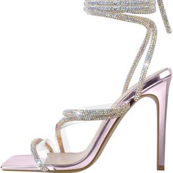 richealnini Women's Sparkly Clear Lace Up Ankle Strap High Heel Sandals