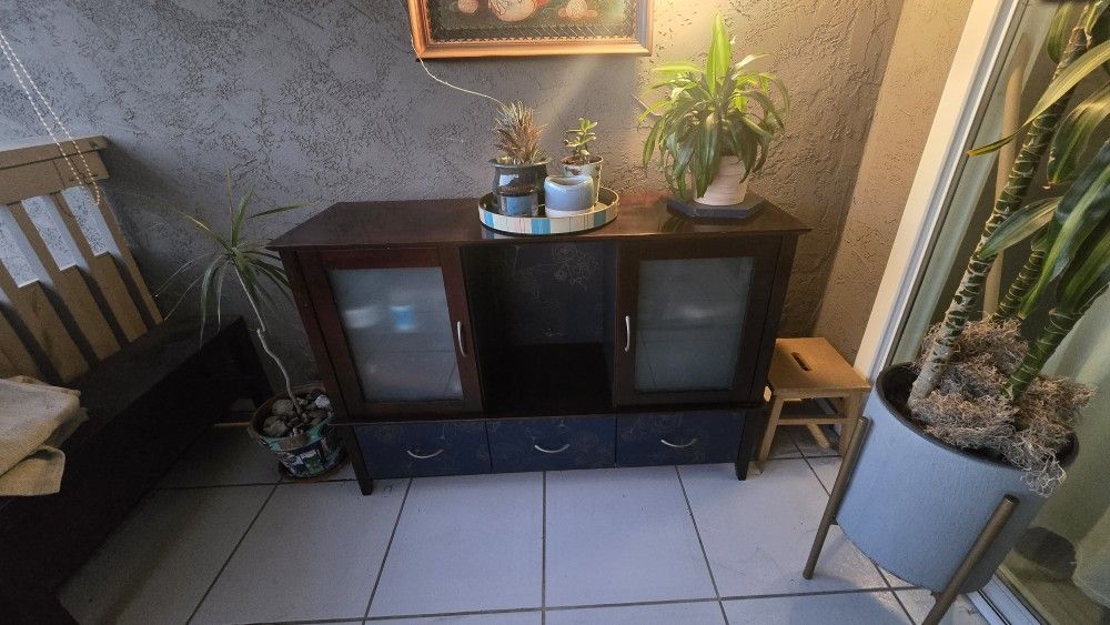 Solid Wood Storage Cabinet with Glass Doors – $15 Obo