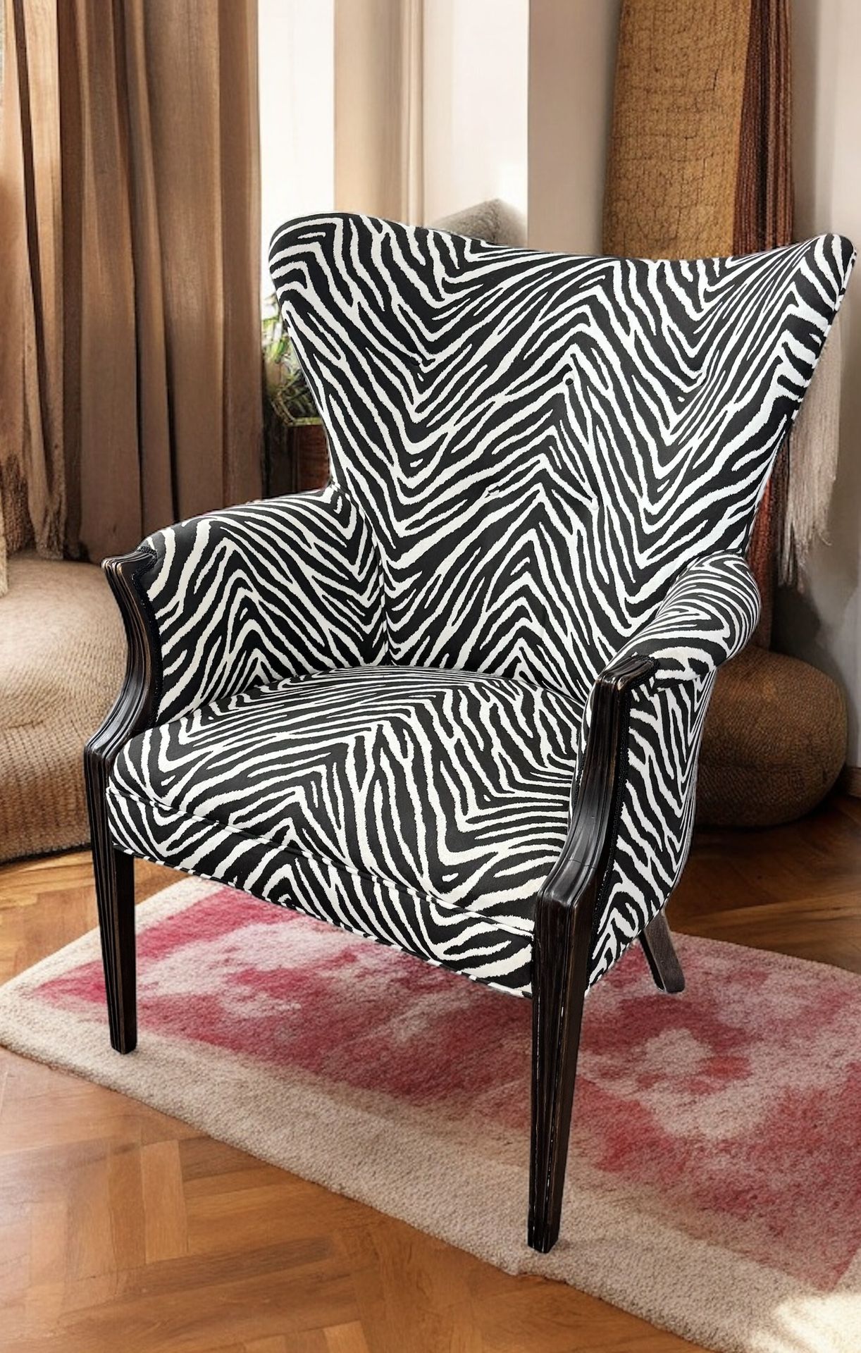 Zebra Wingback Chair Accent Animal Print Black White