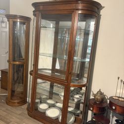 Curved Glass Hutch Curio Cabinet Display Oak 4shelves 