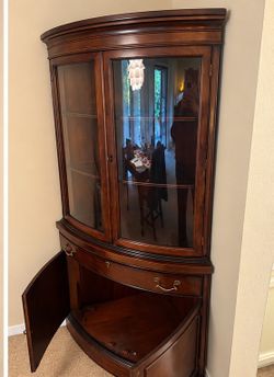 Beautiful Curved Glass Corner Curio Cabinet – Dark Wood