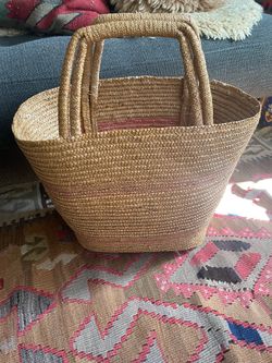 Vintage Straw Bag with Pink Stripes