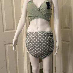 New NWT Summer Maternity l Green Polka Dot Two Piece Bikini Set XL J