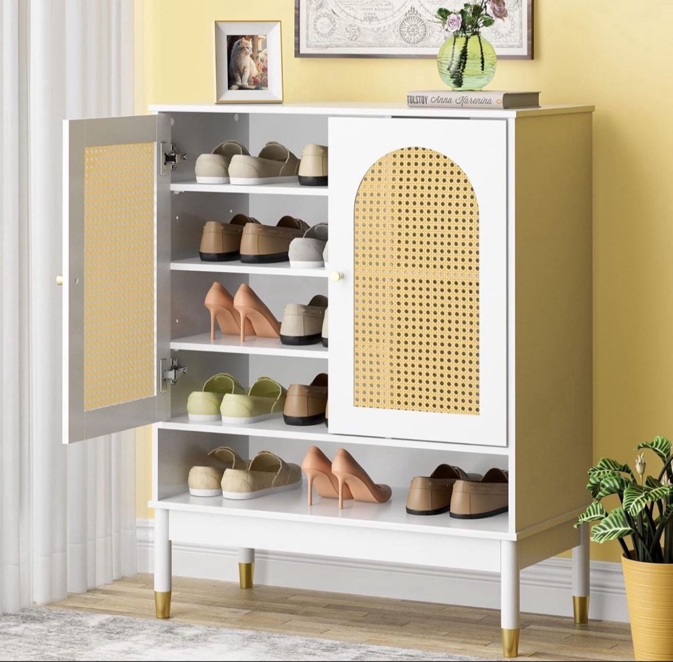 White Rattan Shoe Cabinet for Entryway, Wooden White Narrow Shoe Storage Cabinet, Multi-Layer Rattan Shoe Organizer for Home and Apartment