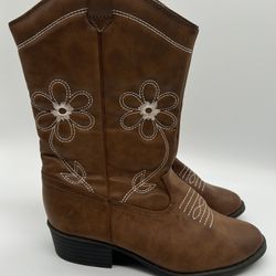 Wonder Nation Girls Boots Sz 4 Brown Western Flower Stitching Nice 1.25" Heel