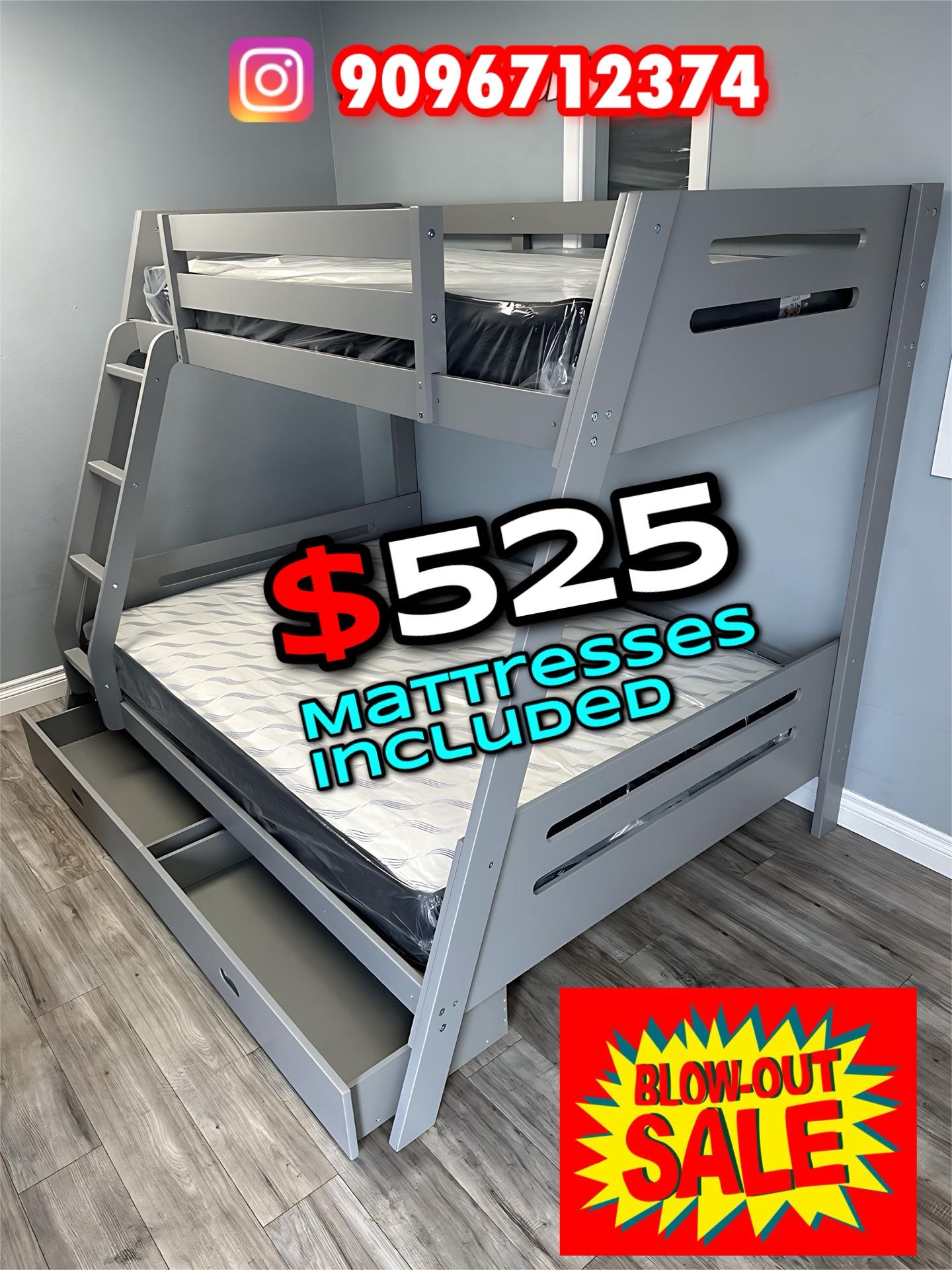 Twin/Full Gray Bunk bed w. Drawers & Ortho Mattresses Included
