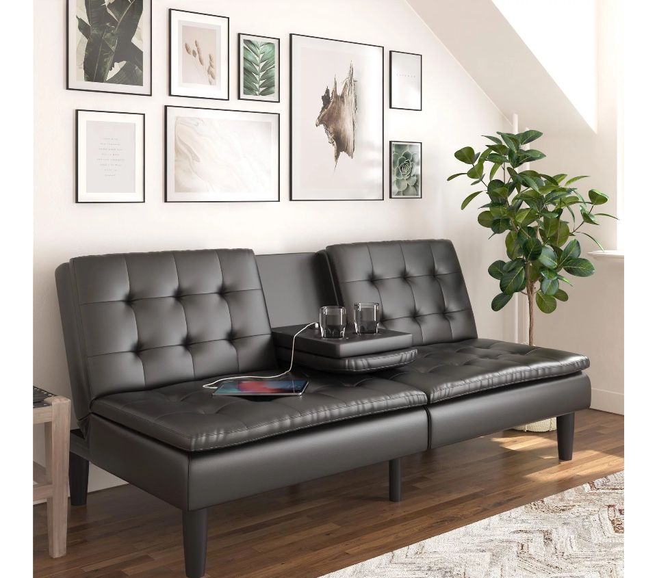 Mainstays Memory Foam Futon with Cupholder Black Faux Leather