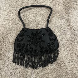Solid Black Floral Beaded Clutch Purse Bag