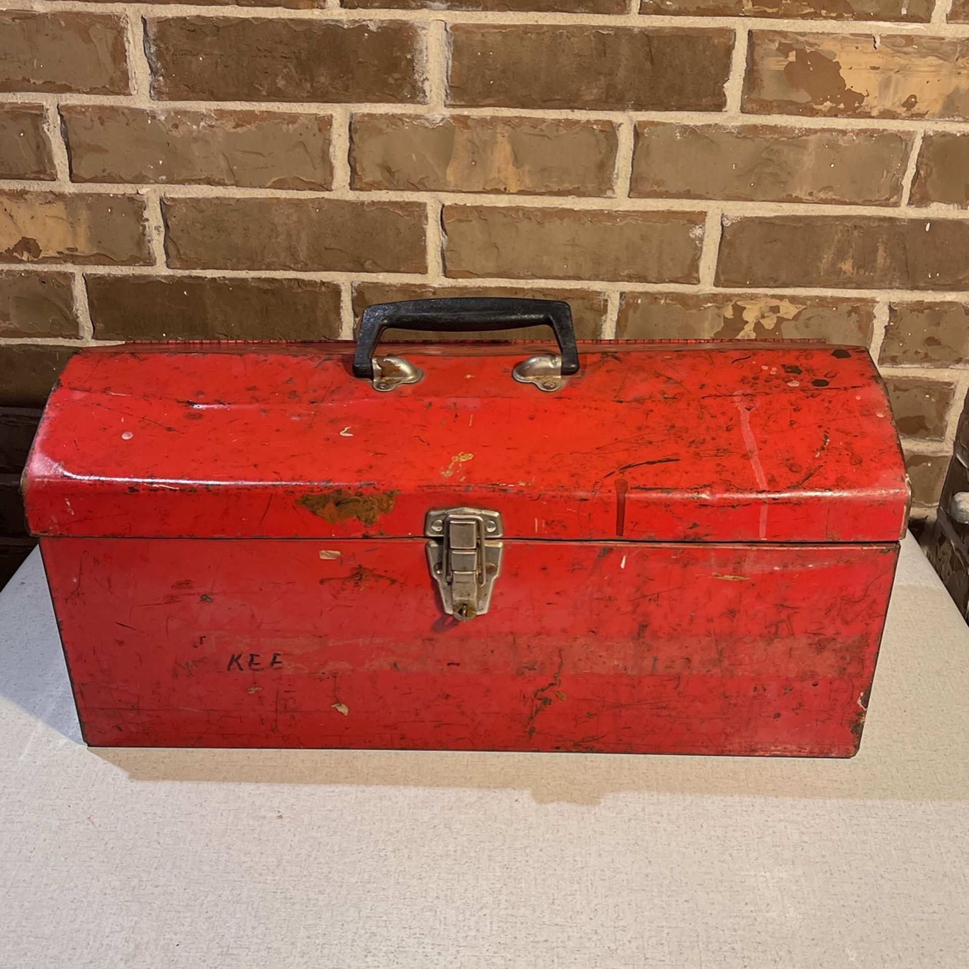 Vintage Red Metal Tool Box with tray