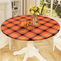 Smiry Round Picnic Tablecloth, Elastic Waterproof Fitted Vinyl Tablecloths For 36"-44" Tables, Flannel Backed Buffalo Plaid Table Cover For Dining, Ca