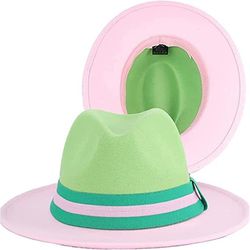 Men Women Two Tone Classic Wide Brim Fedora Hat Pink Lime One Size