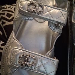 Chanel Metallic Silver Leather CC Dad Sandals