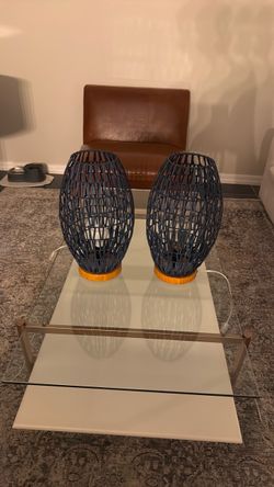 Pair of Blue Woven Rattan Table Lamps