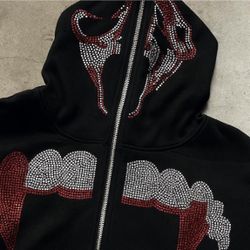 Women’s  Fashion Punk Y2k Gothic Grunge Rhinestones Teeth Zip Up Long Sleeve Coat Sweatshirt Jacket Streetwear