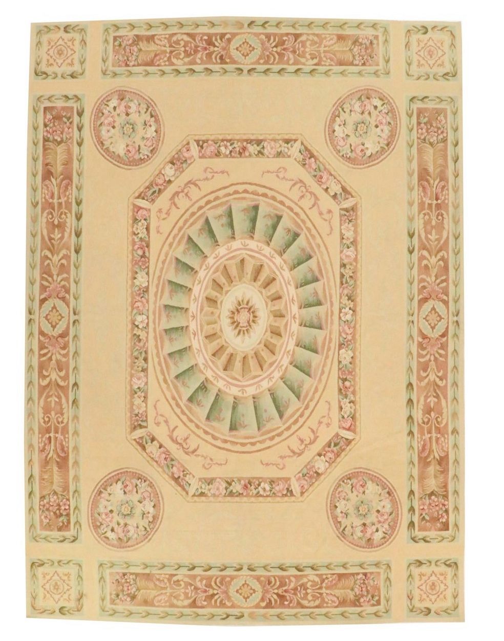 Handwoven french Aubusson. Room Sized Rug Approximate Size 9' x 12' Materials Wool Rug Type Woven Rug Type Flat Weav