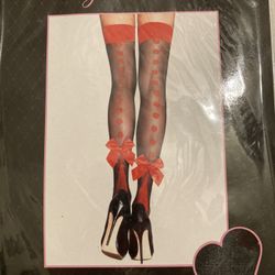 Leg Avenue Cuban Heel Thigh Highs With Red Polka Dots BACKSEAM And Satin Ankle Bows