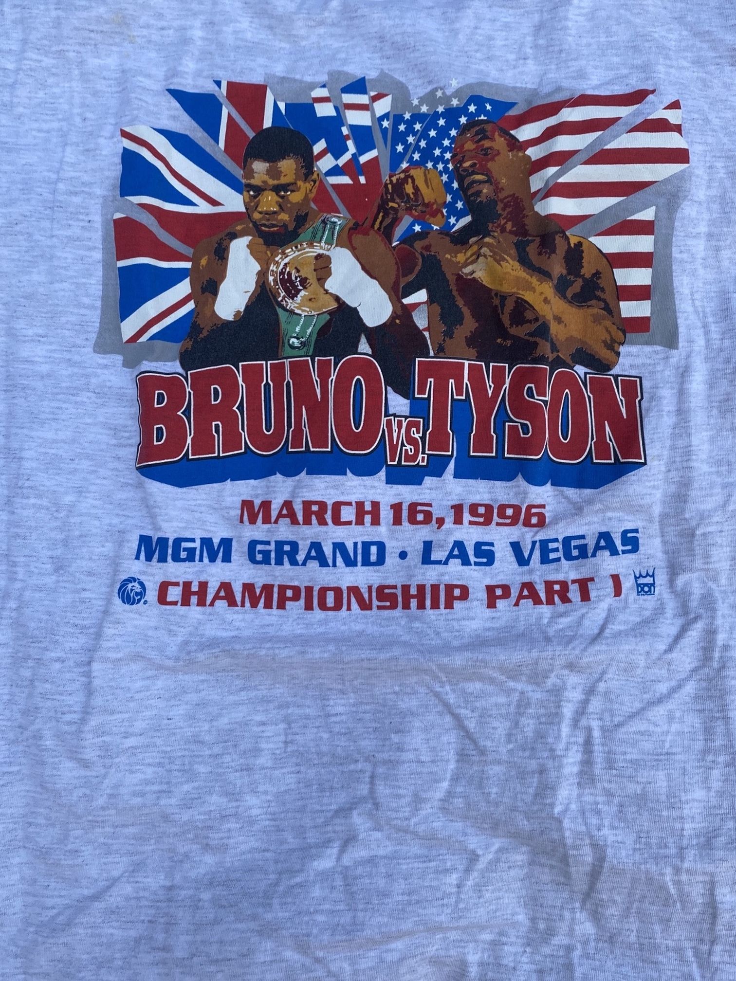 Vintage 1996 Mike Tyson Verse Frank Bruno MGM tag Size L/XL $300 Flaw Little Ink Left Side You can see in The Last Picture
