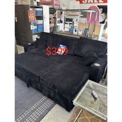 Black Corduroy Convertible Reversible Sofa Bed Sectional With Storage 