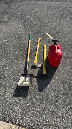 Gas can, 2 axes, and shovel
