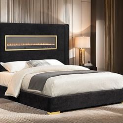 Brand New Black Queen Bed Frame w Fireplace Simulator (Available In Eastern King)