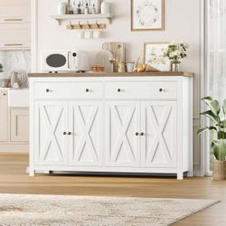 Sideboard Buffet Cabinet with Storage, 55" Large Kitchen Storage Cabinet with 2 Drawers and 4 Doors, Wood Coffee Bar Buffet Table Console Table for Ki