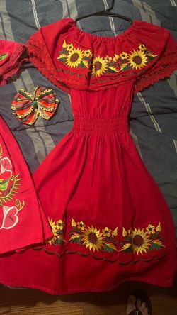 Red Embroidered Sunflower Off-Shoulder Dress