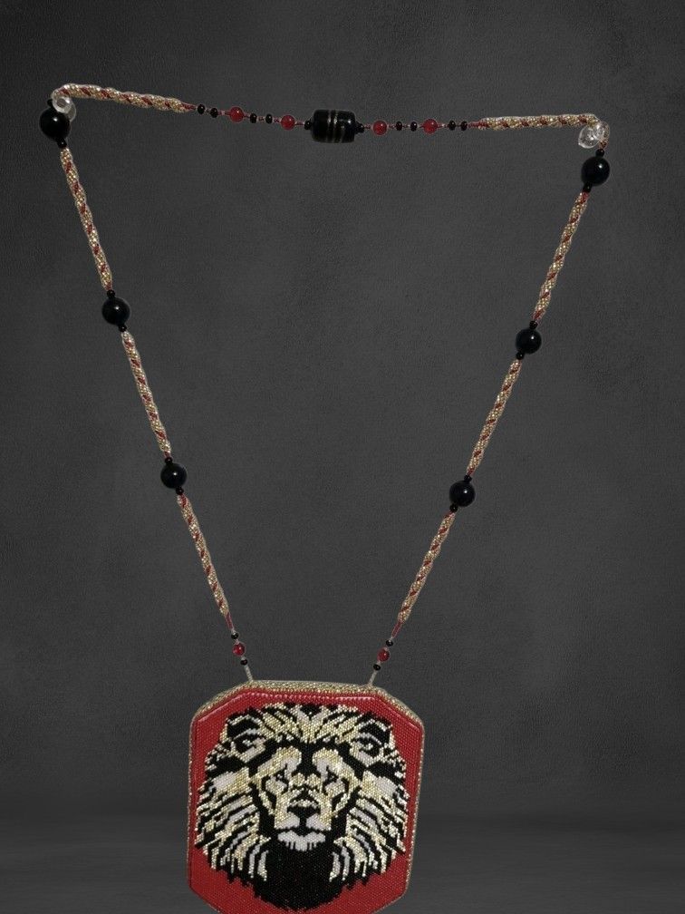 Handmade 20" Beaded Lion Medallion Necklace Tribal Style One of a Kind Art