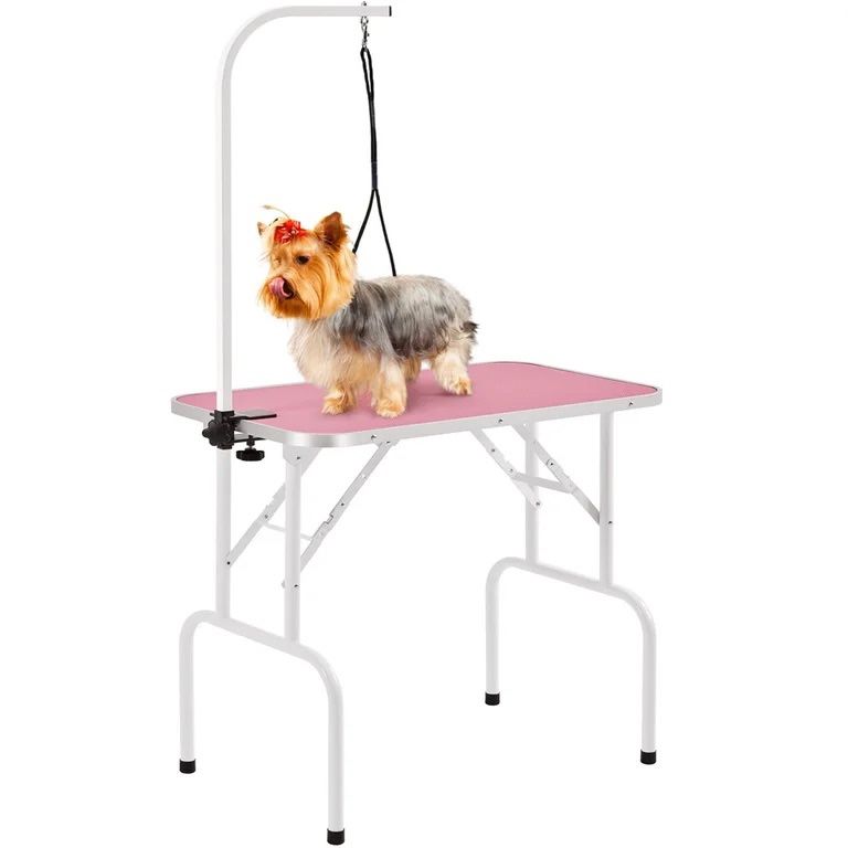 32'' Foldable Height Adjustable Pet Grooming Table with Loop Noose, Pink