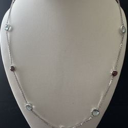 Sterling Silver Round Garnet & Blue Topaz Segmented Necklace 24"