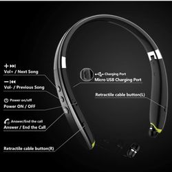 Neckband Bluetooth Headset with Retractable Earbuds, Noise Cancelling Stereo Earphones with Mic, Foldable Wireless Headphones for Sports Exercise