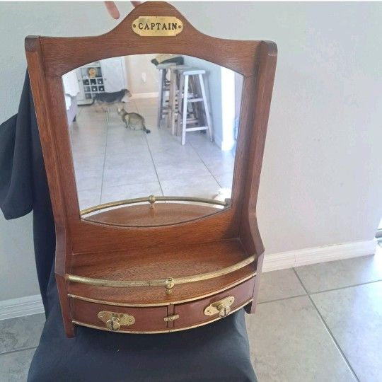 Antique Captain's mahogany Wood & brass vanity mirror Make Up- Shaver