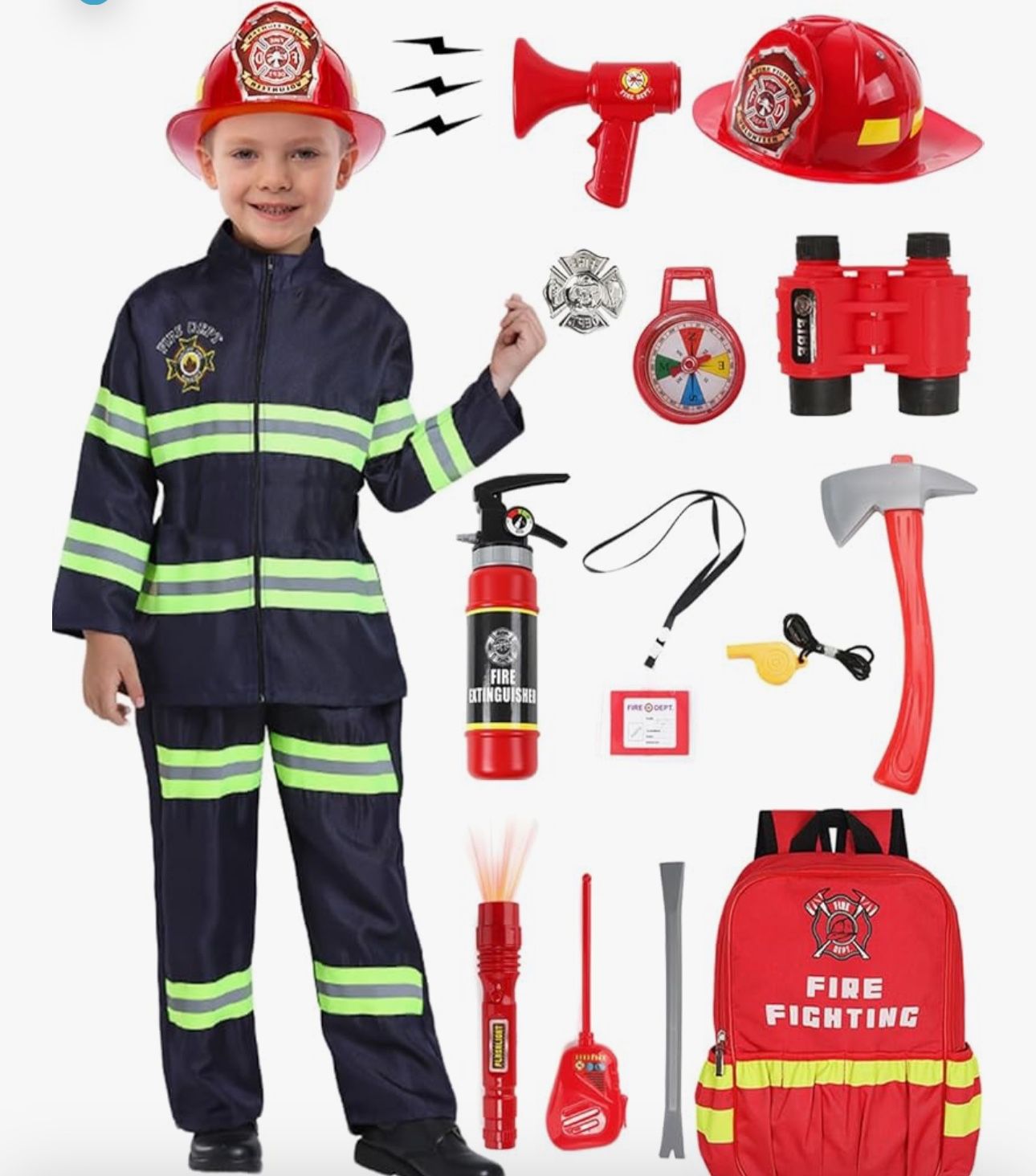 Kids Firefighter Costume 15 Pcs Fireman Dress-up Size 3-4 Toy Set Toddler Halloween Costumes Boy Fire Fighter Hat with Gear Bag