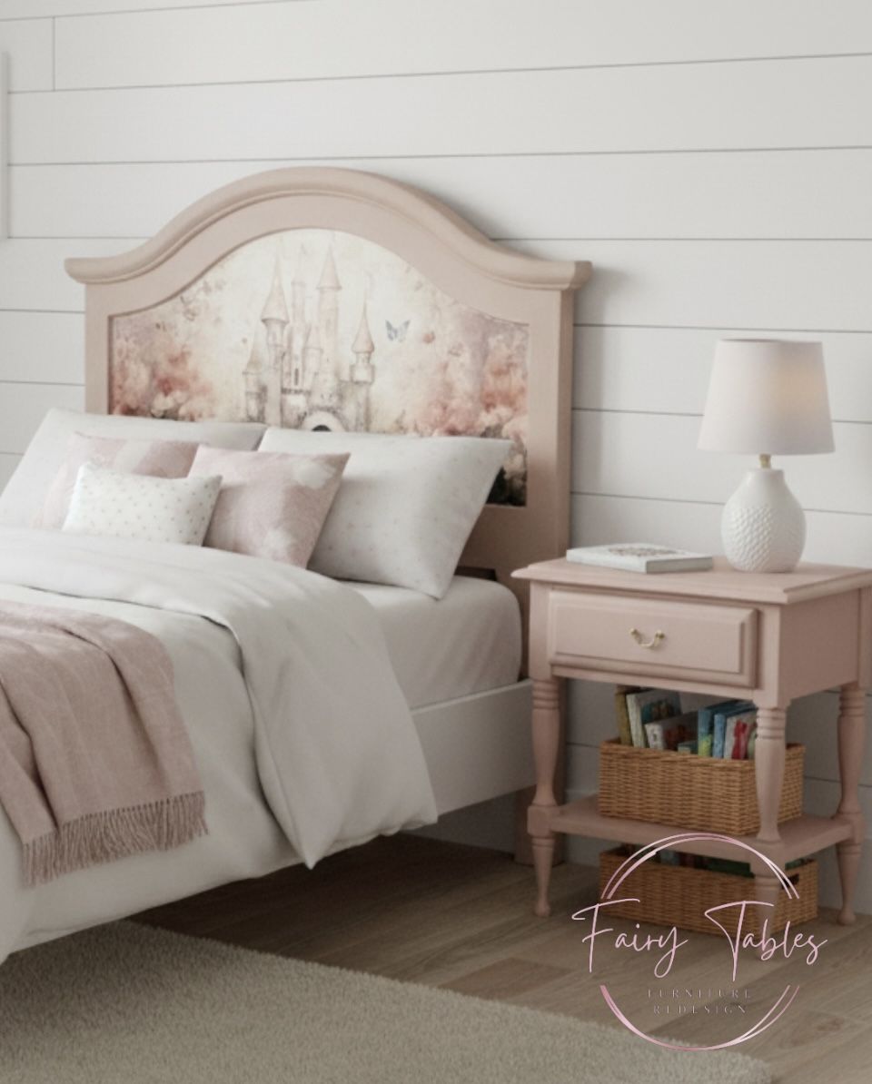 Custom Children's Fairy Tale Castle Twin Headboard & Nightstand Set Refinished in Demure Mauve Pink